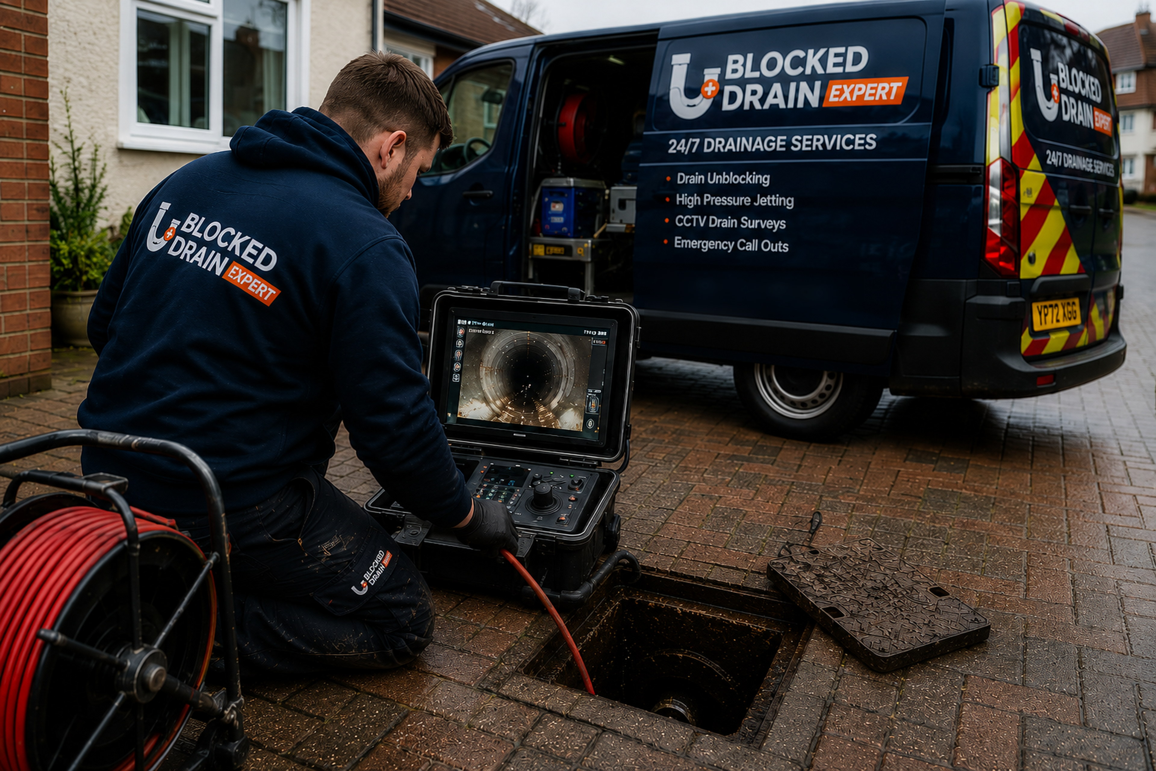 Blocked Drain Expert engineer carrying out a CCTV drain survey beside a drainage van